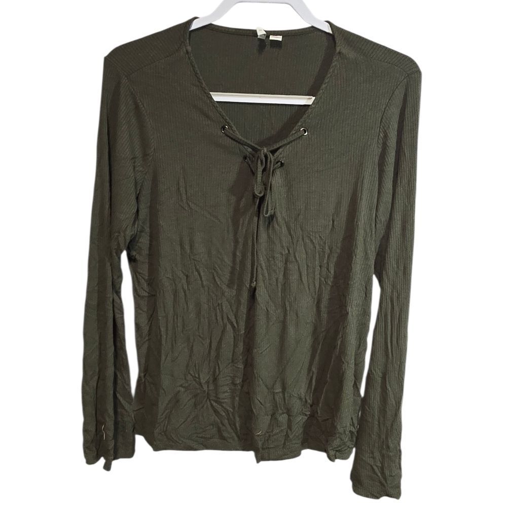 CATO Olive Green Lace-Up Ribbed Knit Top | Flared Sleeves | Plus Size 18/20W